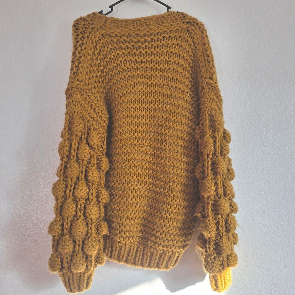 Goliath Chunky Knit Cardigan Textured Bubble Sleeve Mustard Yellow Wool Blend